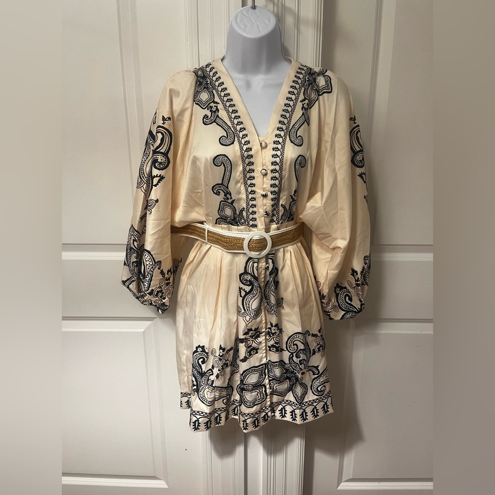 V-neck Embroidered Belted Mini Dress- Medium